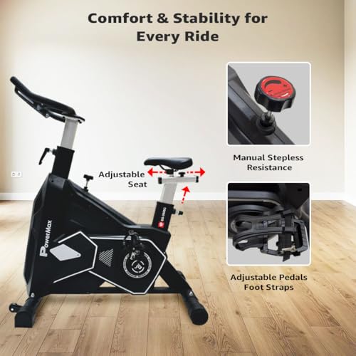 Image of PowerMax Fitness BS-3600C Commercial Spin Exercise Bike, 24 Kg fly wheel, Max user 180kg, Belt drive, Manual braking, 2pc Crank, Adjustable pedal and seat, Leather Cushion seat, Stride Length 400mm