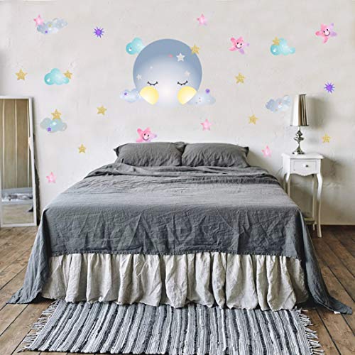 Moon Sticker Clouds Wall Decals Stars Wall Decals Kids Room Wall Decor Smiling Clouds Wall Sticker Removable Wall Art Decor #TOP2