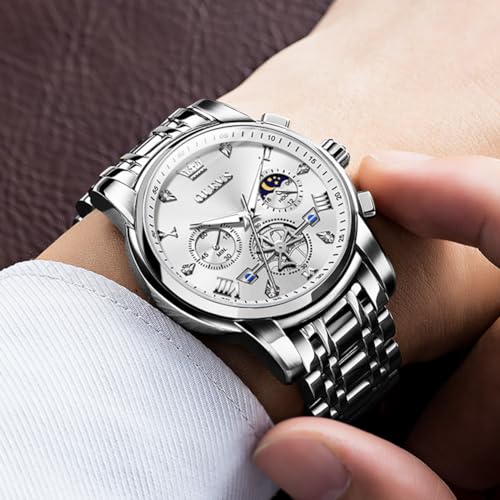 Image of OLEVS Watch for Men Analog Quartz Luxury Diamond Dial Dress Wrist Watches, 2856:Silver White, Silver Watch | Chronograph, 100Ft Waterproof, Calendar, Luminous, Stainless Steel Strap