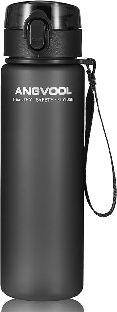 ANGVOOL Water Bottle 500ml, Tritan Leak Proof BPA Free Flip Top Sports Drink Bottles for Gym, Cycling, School Kids & Work, Grey