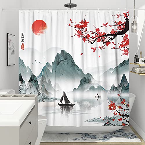 Witzest Japanese Shower Curtain Cherry Blossom Shower Curtain Anime Shower Curtain Asian Shower Curtain Red Sun Mountain Shower Curtain Art Shower Curtain Polyester 72X72 Inch #TOP1