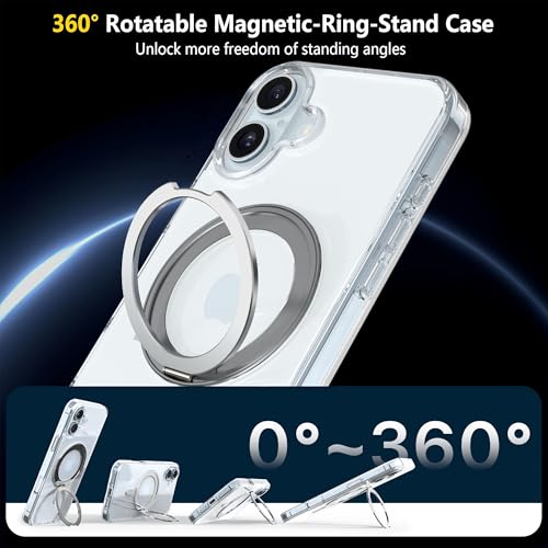 Image of eller sante Shiny Kickmag Back Cover Case for iPhone 16 Plus with Magnetic Ring Metal Kickstand Camera Screen Protector TPU Shockproof 10ft Drop Protection Compatible with Mag-Safe- Transparent