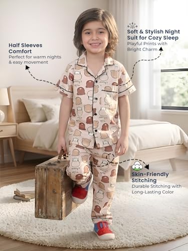 Image of POLKA TOTS 100% Pure Cotton Half Sleeve Night Suit for Kids, Girls & Boys | Cotton Pyjama Set | Unisex Night Dress for Children | Night Suit for Girls |Sleepwear for Kids | Winter Night Dress for Boys