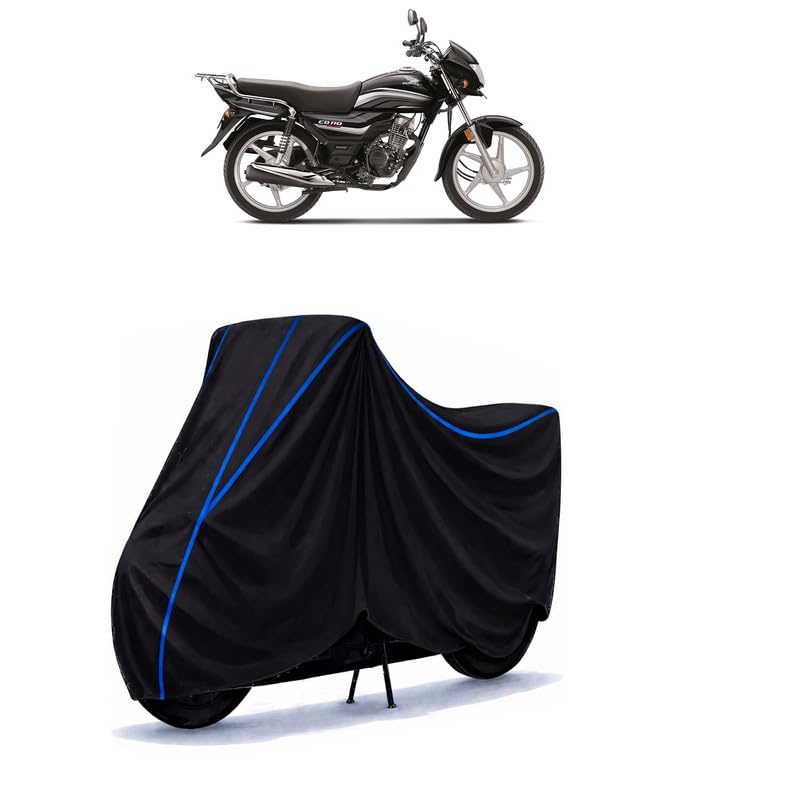 Image of CD 110 Dream Bike Cover Water Resistant Universal Motorcycle Rain | Heavy Duty UV Protection, Dust, Scratch Indoor Outdoor All Weather with Black Blue Piping Elastic
