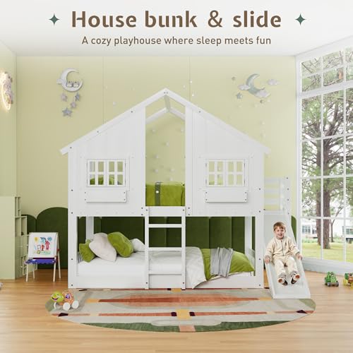 Image of Jocisland Twin Over Twin Bunk Bed with Slide and Ladder, Solid Wood, White | Play House Bunk Bed, 14 inch Safety Guardrails, Window Box Shelf, No Box Spring Needed, Noise-Free, Easy assembly