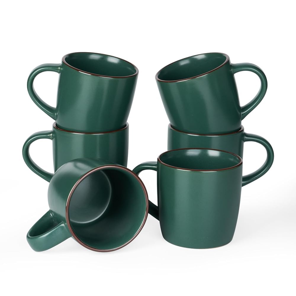 Richmount Mercury Coffee Mugs Sets of 6, 13oz/370ml Stoneware Tea Cups with Large Handle and Burgundy Trim for Latte/Cappuccino/Milk/Cocoa/Tea, Microwave & Dishwasher Safe, Dark Green