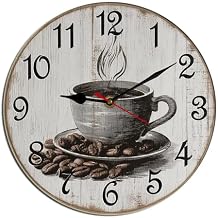 Coffee Wall Clock Coffee Beans Wooden Desk Decor Decorative Battery Operated Clocks for Living Room Bedroom Bathroom Farmhouse Round 12"