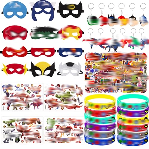 Heartsking 90 Pcs Party Bag Fillers for Kids Hero Pinata Masks Keychains Silicone Bracelets Stickers - Birthday Gifts for Boys & Girls