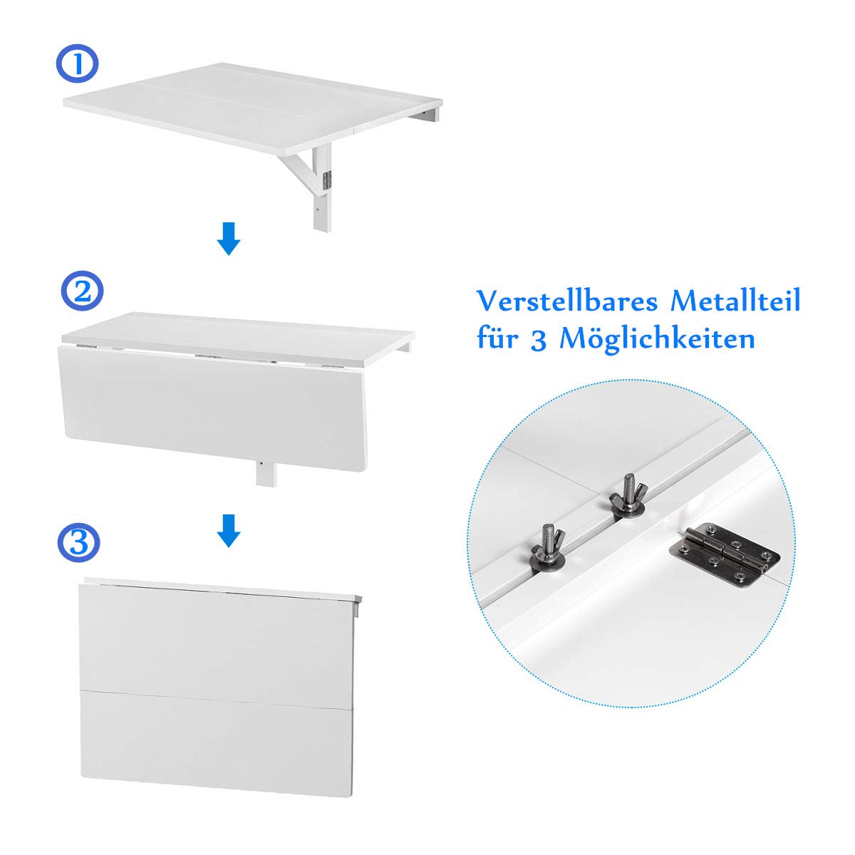 RELAX4LIFE Wandtisch klappbar, platzsparender Esstisch, Schreibtisch für Esszimmer & Studierzimmer, Stabiler Klapptisch Wandmontage, Wandklapptisch aus Holz bis zu 40 kg belastbar, 80 x 60cm (Weiß)