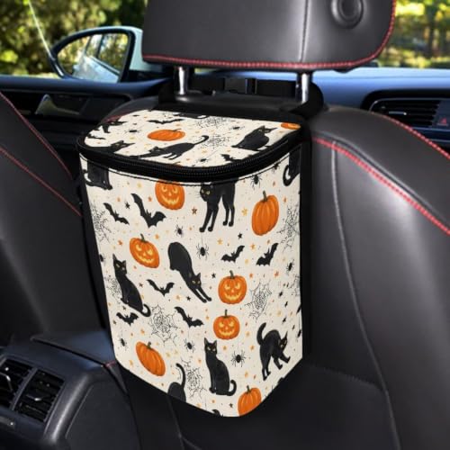 Image of Talayituse Pumpkin Black Cat Bat Print Car Trash Can Portable Auto Garbage Bin Multifunctional Vehicle Interior Accessories with Adjustable Straps Universal Fit Truck SUV Sedan Halloween Decor