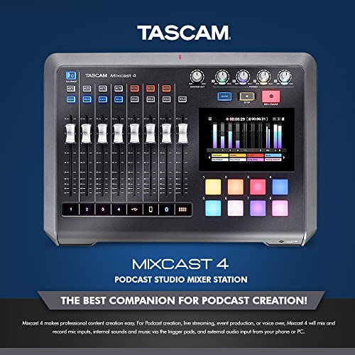 Tascam Mixcast 4 Podcast Studio Mixer Station With Built-In Recorder/Usb Audio Interface, 8 Sound-Effect, Records 14 Tracks, Comes W/ Basic C Accessories Bundle #TOP2