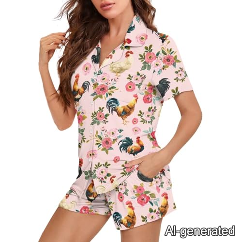 Image of Renewold Women's Short Sleeve Pajama Set Button Down Sleepwear with Notch Collar Soft Lounge Top and Shorts with Pockets