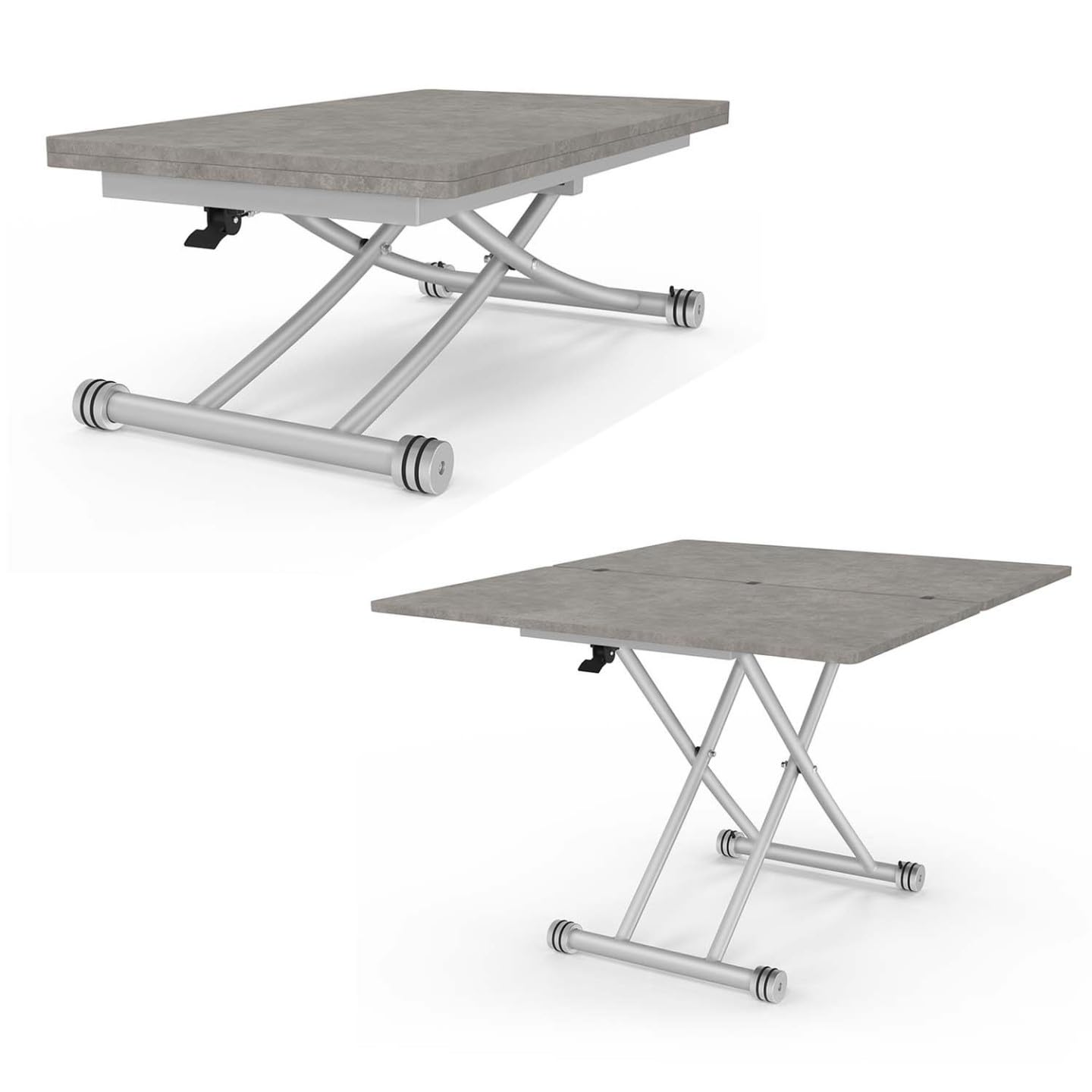 IDMarket – Mesa de centro 2 en 1 elevable en mesa de comedor Urbana hormigón | Rectangular, 100 x 57/114 x 30/75 cm, bandeja efecto hormigón y pie gris cromado