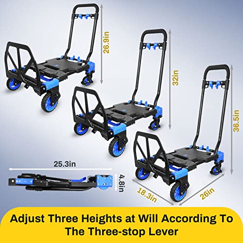 Aowoil Foldable Hand Truck Heavy Duty 440Lb Load Carrying,Convertible Hand Cart With Retractable Handle,Silent 4-Wheel Folding Hand Truck,For Luggage/Travel/Personal/Mobile/Office Use (Blue) #TOP1