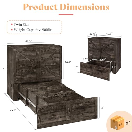 Image of AMERLIFE Twin Murphy Bed Cabinet with Charging Station and Storage Drawer, Farmhouse Foldable Platform Bed for Home Office, Apartment, Small Spaces, Black Oak
