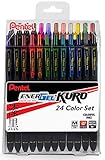 Pentel EnerGel Kuro Liquid Gel Pen, (0.7mm) Medium line, Rubberized Barrel, 24 Assorted Ink Colors