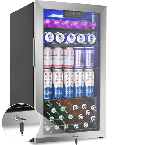 Image of 128 Cans Beverage Refrigerator Cooler, 3.2 Cu.Ft Mini Drink Fridge Glass Door for Drink Beer Soda Wine, Beer Fridge with 4 Removable Shelves for Kitchen Bedroom, Office Bar Gaming Room,Stainless Steel