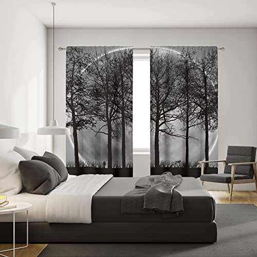 MESHELLY Black Tree Forest Curtains 42(W) X 63(H) Inch Rod Pocket Gothic Bedroom Decor Men Spooky Moon Foggy Mysterious Pine Mist Fawn Masculine Drapes for Living Room Trippy Window Fabric 2 Panels