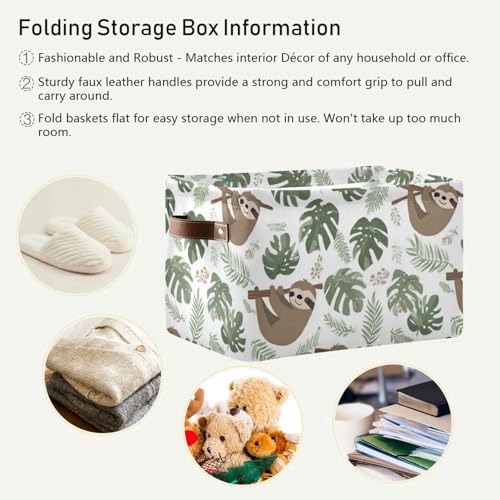 Image of Aslsiy Storage Basket Sloth Tropical Leaves Nursery Bins Baby Box Canvas Clothes Shelf Basket Laundry Hamper Gift Baskets for Home Closet 2 Pcs