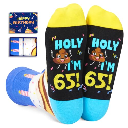 HAPPYPOP 65th Birthday Gifts Ideas Socks - Gifts for Guys in Their 65s, 65 Year Old Gifts, 65th Birthday Socks, Medium, Holy I'm 65 White & Yellow