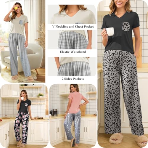 Famulily Women's Cute 2 Piece Printed Pajama Set Soft Short Sleeve Tshirt Tops with Full Length Long Pants Pink M - Image 4