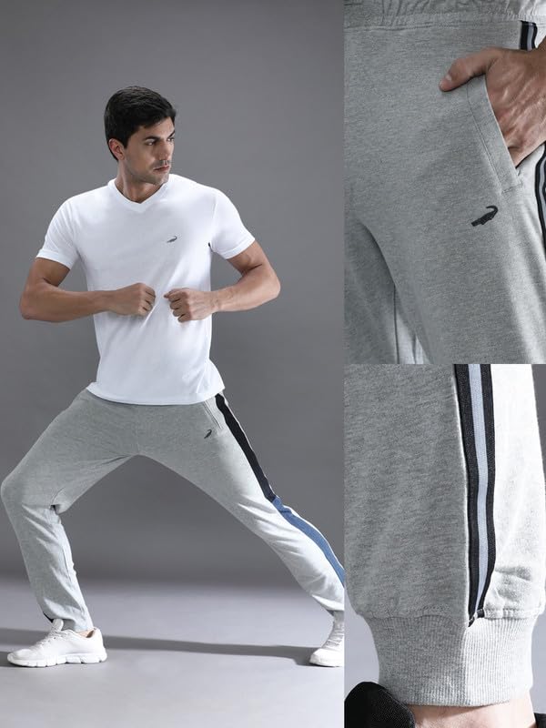 Image of CROCODILE Men Solid French Terry Joggers | Classic Fit | Mid Rise | Drawstring Closure | Ankle Length | Casual Wear Navy Melange