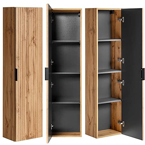 Lomadox Badezimmerschrank Hochschrank 2-türig, Wotan Eiche gerillt, 35 cm schmal, Seitenschrank Badmöbel-Schrank Badschrank B/H/T: 35/140/25 cm