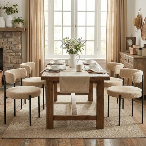 Boucle Dining Chairs Set of 4, Beige Dining Chairs with Upholstered Seat and Round Back, Mid-Century Modern Kitchen Chairs for Dining Room, Restaurant