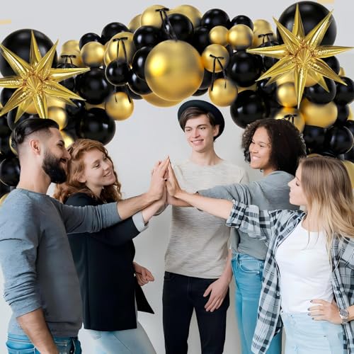 Image of Black and Gold Balloons Arch Garland Kit, 5 10 12 18 inch Black Gold Balloons with Explosion Star Balloons & 10pcs Black Bows,101pcs Balloons for Anniversary Wedding Birthday Party Decorations