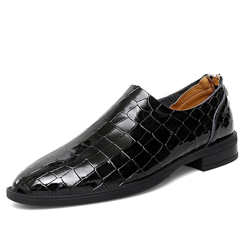 Dress Oxford for Men Slip On Round Toe PU Leather Block Pattern with Zipper Rubber Sole Anti-Slip Low Top Non Slip Resistant Outdoor