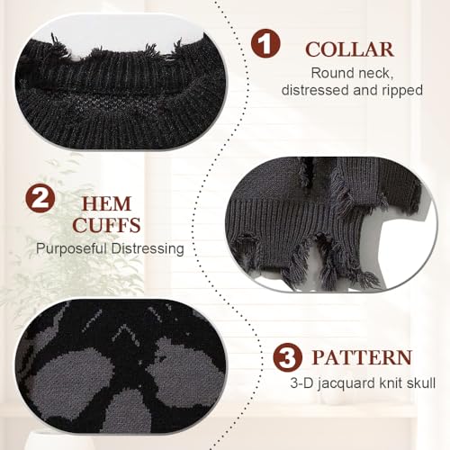 Men's Ripped Drop Shoulder Sweater, Oversized Skull Graphic Gothic Sweater Y2K Knit Crewneck Long Sleeve Pullover4