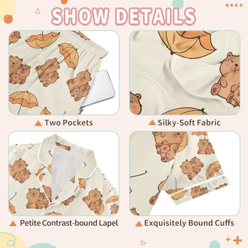 senya Cute Capybara with Umbrella Satin Summer Pajama Sets Silk Short Sleeve Button Down Sleepwear3