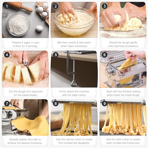 Image of 3-in-1 Pasta Maker, 9 Thickness Settings, Dough Rollers & 2 Size Cutters | Stainless Steel Construction, Sturdy & Durable, Easy to Clean, Rust-Resistant & Lightweight