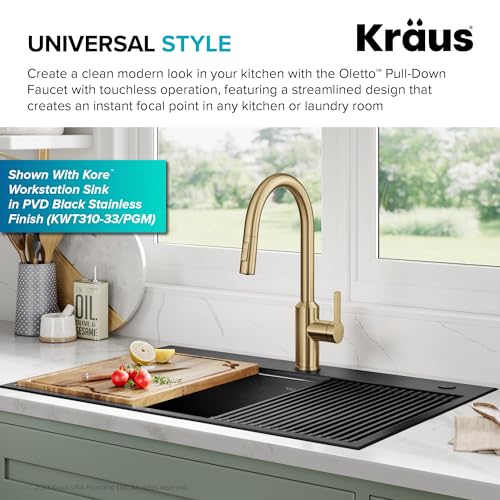 Image of Kraus Oletto Kitchen Faucets Touchless Sensor Single Handle Pull-Down Sprayer in Brushed Brass, KSF-2830BB