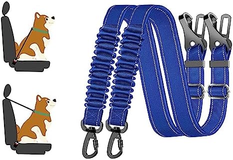 Dog Seat Belt,2 Pack Adjustable Dog Seatbelt for Car,Dog Safety Belt Leash,Reflective Bungee Dog Car Seatbelt with Hook & Buckle Aviation Aluminum Alloy Rotatable Carabiner (2 Pack Blue)