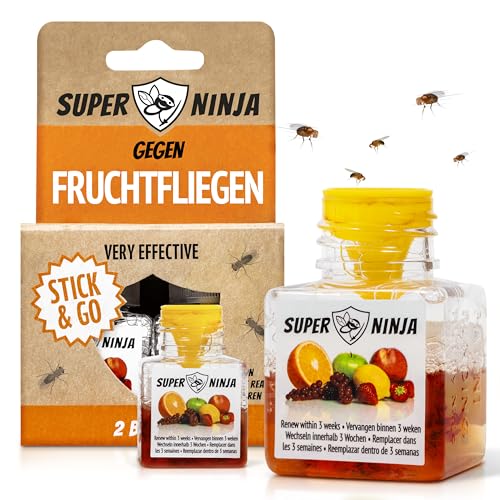 Super Ninja Fruchtfliegenfalle für Innenbereich – 2er-Pack, Wirksame Obstfliegenfalle für Haushalt und Küche, bis zu 3 Wochen Leistung pro Flasche, Kinder-und haustierfreundlich