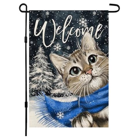 CROWNED BEAUTY Winter Cat Garden Flag 12x18 Inch Double Sided for Outside Small Welcome Burlap Holiday Yard Decoration CF1660-12 Cover