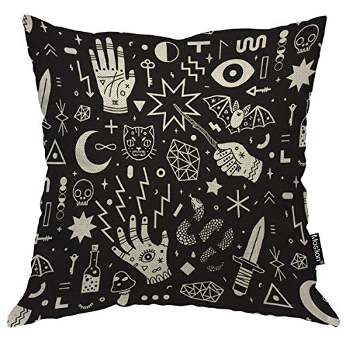 Moslion Throw Pillow Cover Witchcraft 18X18 Inch Magical Style Hand Eyes Moon Skull Cat Bat Snake Key Square Pillow Case Cushion Cover For Home Car Decorative Cotton Linen #TOP19