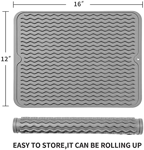 Cheet enterprise Silicone Dish Drying Mats for Kitchen Counter, Heat Resistant Mat, Tableware Bowl Mat - Easy Clean, Store Can be Rolled UP - Grey 4