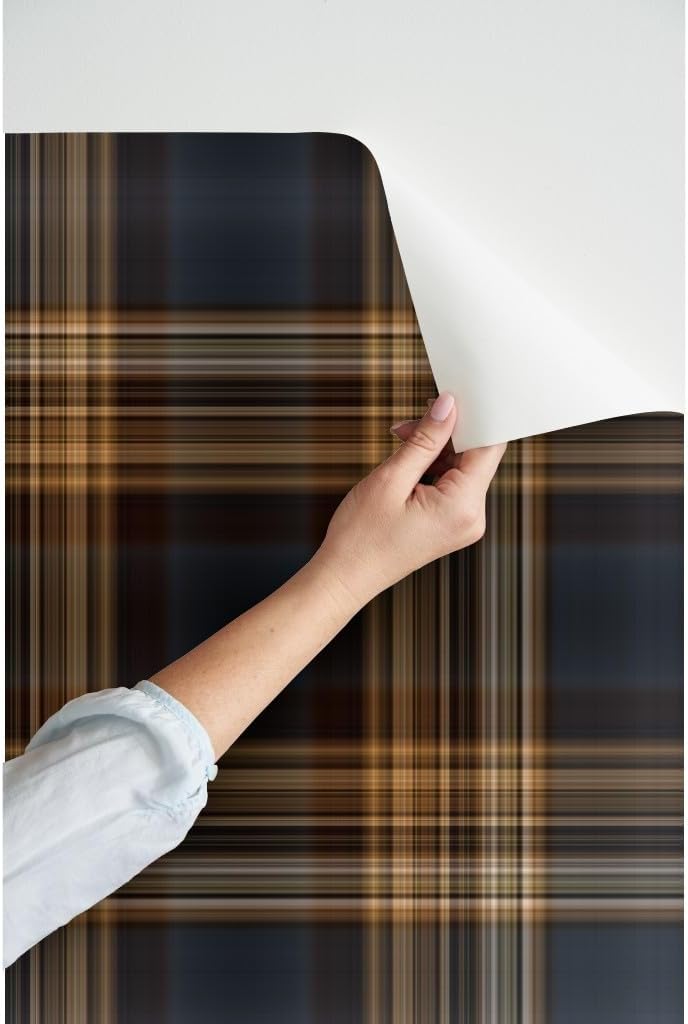Spoonflower Peel & Stick Wallpaper Swatch - Blue Brown Tartan Traditional English Scottish Masculine Rustic Large Scale Classic Style Elegant Custom Removable Wallpaper