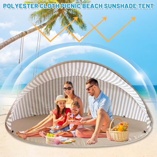 Strandmuschel Pop Up 3-4 Personen, Strandzelt Strand Zelt mit UV-Schutz, Tragbarer Automatisches Windschutz Wurfzelt mit Tragetasche und Heringe für Familie Camping Garten (Khaki)