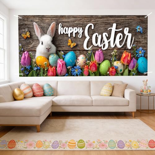 Image of Easter Garage Door Cover 157.48 x 70.87 Inch White Bunny Colorful Eggs Rustic Wood Background Spring Flowers Vibrant Outdoor Garage Decor Easter Celebration Family Gathering Seasonal Yard Display