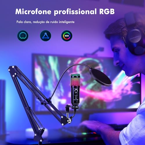 Microfone Condensador RGB, Microfone de Mesa, Microfone Gamer – Com Cancelamento de Ruído, Conexão U