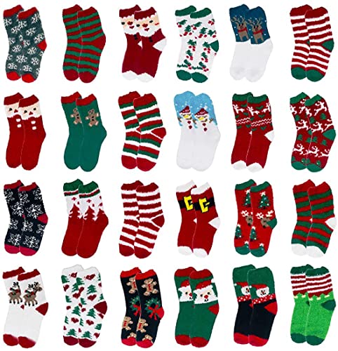MarJunSep 24 Pairs Christmas Fuzzy Cozy Socks for Women Teen Girls Plush Fluffy Slipper Holiday Sleeping Santa Socks Gifts2