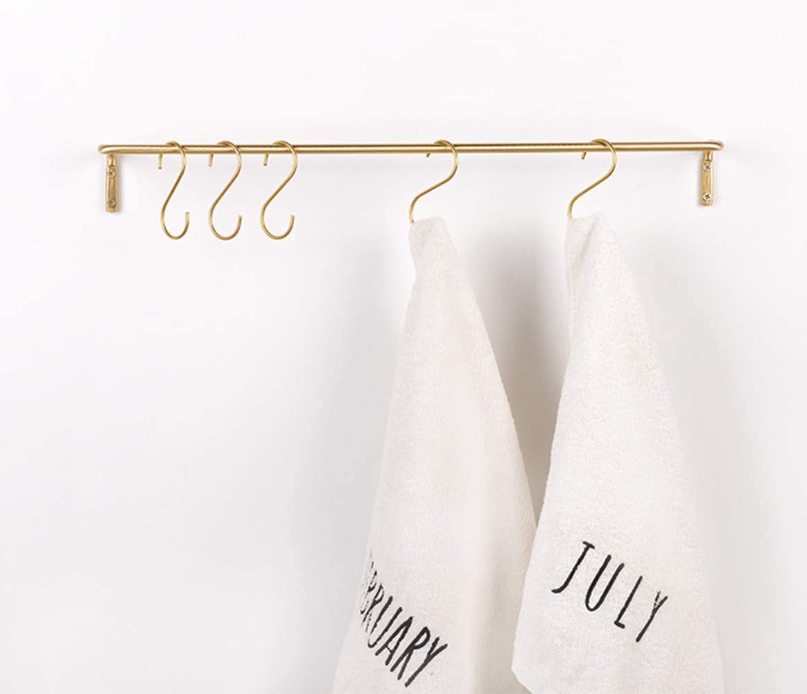 TentHome Barre en Laiton à la Cuisine Tige Suspendue avec 5 Crochets de Rangement pour Salle de Bain Etagère à Fixation Murale pour Casseroles sans Perçage, Antirouille (50cm
