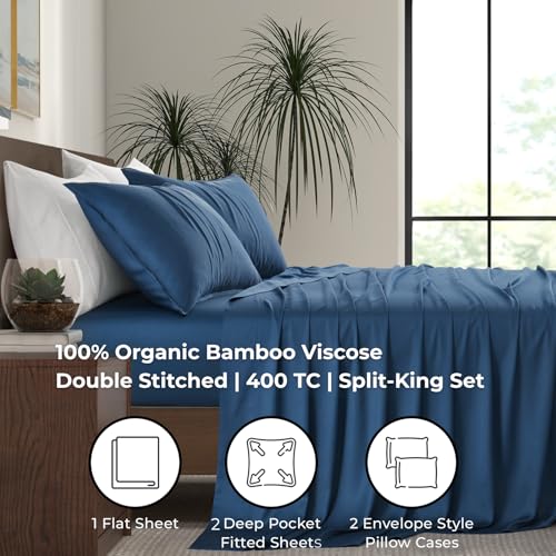 Image of | Split King Size Sheet Set | 2 Fitted Sheets for Sleep Number & Adjustable Beds | Organically Grown | Ultra Soft & Cooling |100% Viscose | 17 inch Deep Pocket [Midnight Blue]