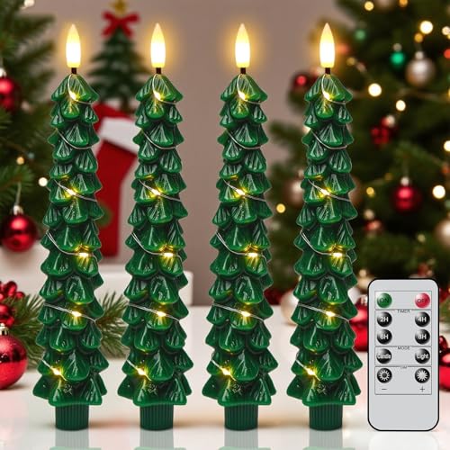 Image of Christmas Tree Candles with Remote Timer, 4 Pcs Waxy Flameless Taper Candles with Embedded String Lights, Battery Operated LED Candlesticks 3D Flame Wick, Green Gifts Christmas Decorations