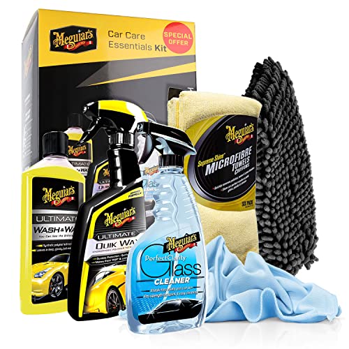 Autopflege Bundle - Meguiars Car Care Essentials Kit + detailmate Mikrofaser Glastuch 270GSM + detailmate XL Chenille Waschhandschuh - Auto Komplettset