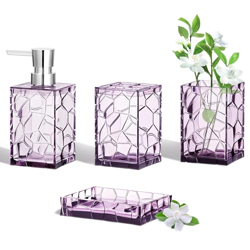 HBlife Bathroom Accessories Set Lavender Purple Acrylic Bathroom Counter Set with Toothbrush Holder Soap Dispenser Tumbler Soap Dish Boho Modern Bathroom Decor Ideal Gift Choice