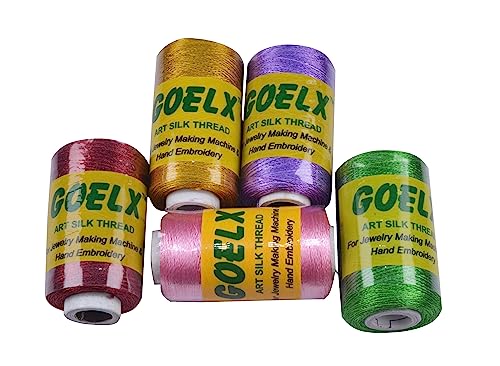 GOELX Silk Thread for Jewelery-Making 5 Spools - Purple,Golden,Green,Baby Pink,Maroon